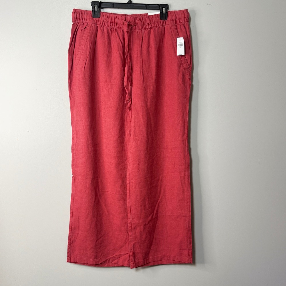 Old Navy Wide Leg Pants Women Large Red Berry Linen Blend Drawstring Casual Boho